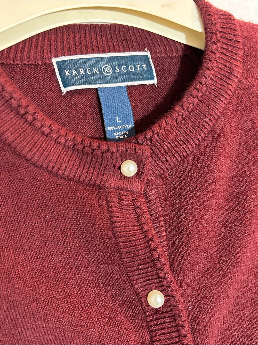 Vintage Karen Scott Burgundy Pearl-Button Crewneck Cardigan